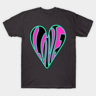 Hippie Style Love Heart, Pink, Turquoise and Black T-Shirt